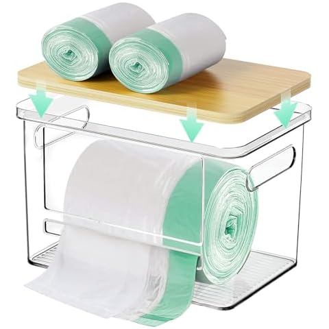 oylik Trash Bag Holder Dispenser,Open Front Stackable Storage Bins,Acrylic Garbage Bag Storage with Bamboo Top and Handles for Kitchen,Under Sink,Laundry Room Organization Cover