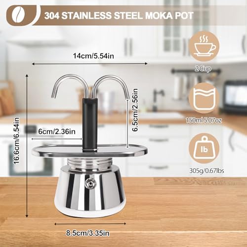 Uncoated 2 Cup Dual Pipe Moka Pot 304 Thickened Stainless Steel Mini Coffee Maker Stovetop Espresso Coffeemaker Italian Classic Style Brewing Greca Cafe Mocha Machine for Camping Travel Home 150ml - Thumbnail 2