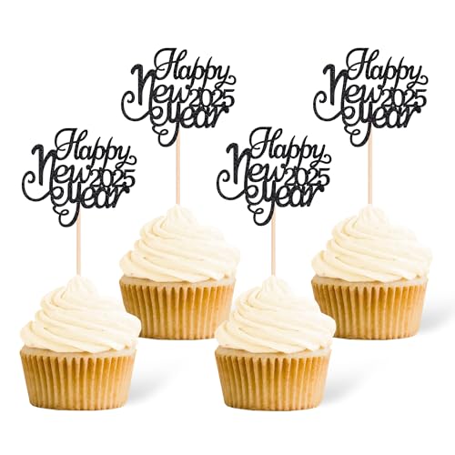 Gexolenu 24 Pcs 2025 Happy New Year Cupcake Toppers Glitter Black Welcome 2025 Cake Picks Cheers To 2025 Cupcake Toppers For New Year Eve Party Decoration Supply