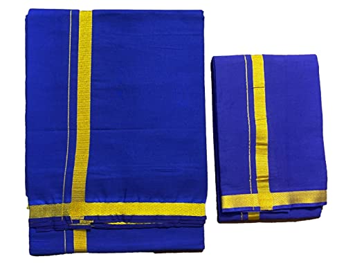 Image of PRAKASAM COTTON Mens Colour Jari Cotton dhoti and Angavastram Set (1.30X2.00 Meter Dhoti, 36X1.80 towel)