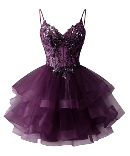 Zeeyecie Grape Tiered Tulle Homecoming Dresses Sparkly Lace Applique Beaded Short Prom Dress for Teens Quinceanera DAMA Dress US18W
