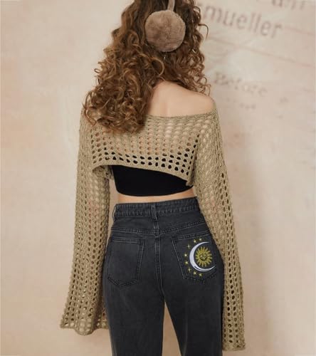 Women's Mesh Crochet Crop Tops Shrugs Sexy Y2k Hollow Out Cropped Knit Sweater See Through Bikini Cover Ups3
