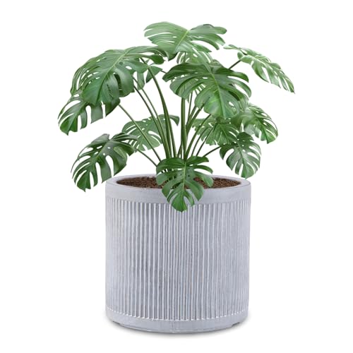 VOSSMOON Large Plant Pots Outdoor Garden Trees Indoor Flowers, 36cm Round Concrete Planter Plant Containers Suitable for Big Olive Tree with Drainage Holes, Grey Vertical Texture