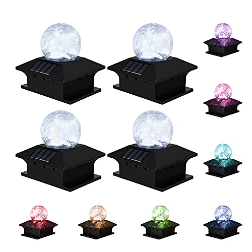 Solar Post Lights with Cool White/RGB Modes, Deck Fence Cap Outdoor Crackle Glass Ball Lamp Waterproof Fits 4x4 and 6x6 Wooden Post Fence for Deck Patio and Garden Decoration (4 Pack)