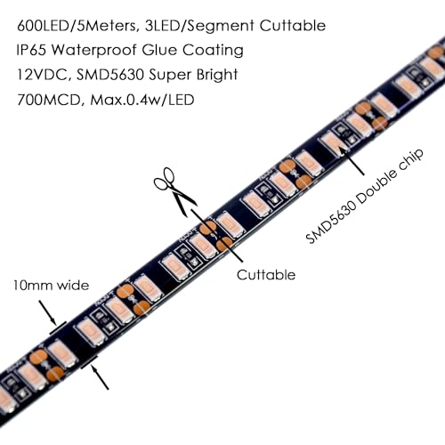 Image of Super Bright Black PCB 12V SMD5630(0.4w) LED Strip Lights Without Power Supply, IP65 Waterproof, Pack of 16.4ft /5M (600LED-Pink)