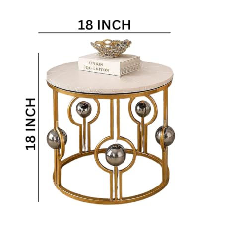 Image of Marble Look Coffee Table, Round Accent Metal Center Table with Golden Metal Golden White