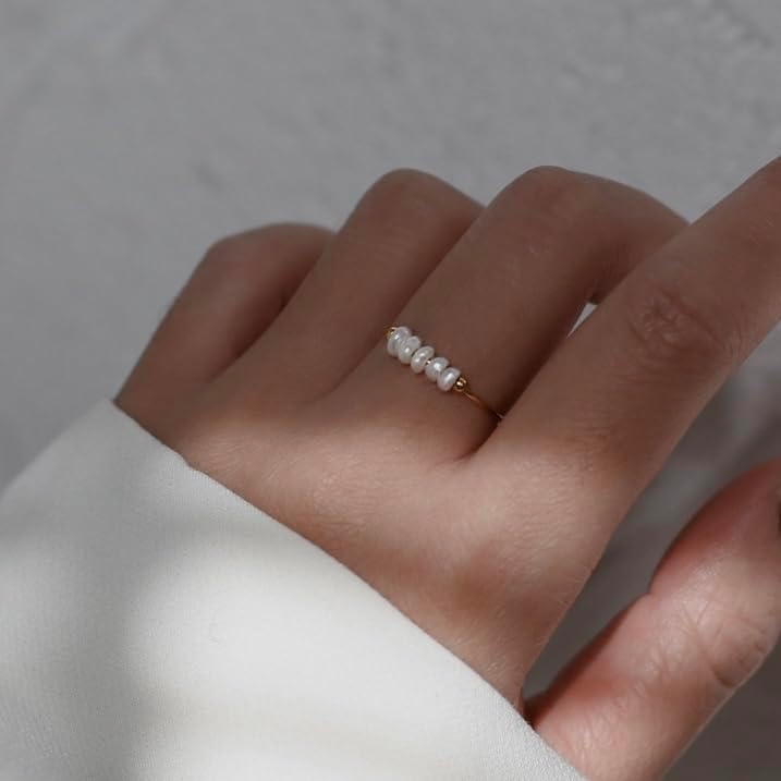 Shapes Studio 18K Gold Plated Mini Freshwater Pearl Band Ring, Gold Rings for Women, Stacking Rings, Gold Wedding Band Minimalist Style - Image 5
