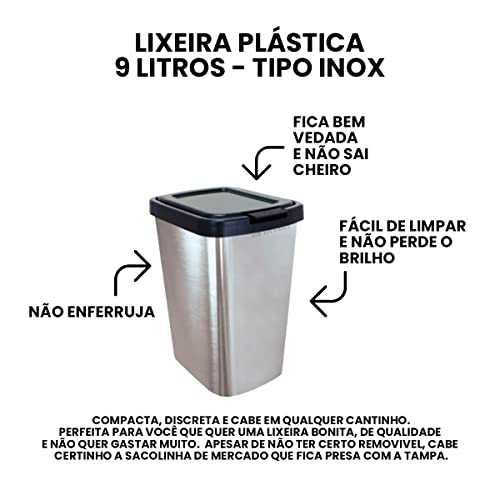 Lixeira 9Litros Com Click Plástica Label Inox 25462 Arqplast