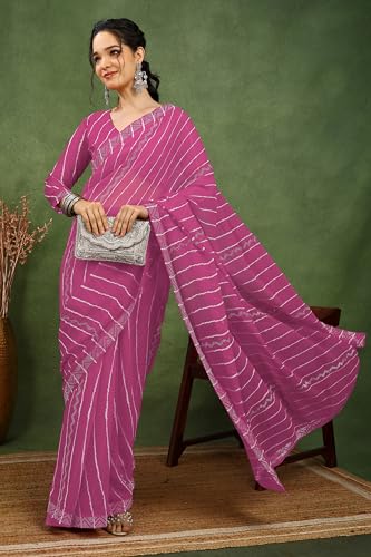 Image of MIRCHI FASHION Saree for Woman Georgette Solid with Satin Stripes | Stone Border Farewell and Ceremonial Sari with Blouse Piece