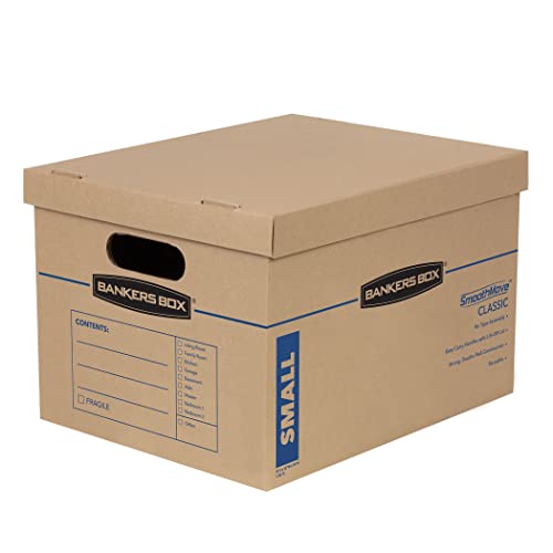 10 BANKERS BOX Strong Moving Boxes SmoothMove Classic 32 Litre Cardboard Storage Boxes for Moving Packing Boxes Tape-Free Assembly Easy Carry Handles 38cm x 33cm x 26cm Brown