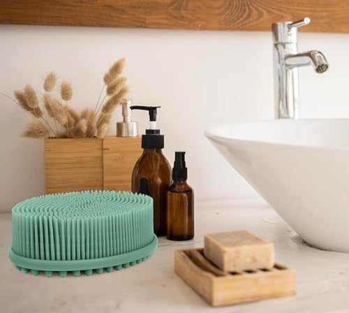 Image of Silicone Body Scrubber, Gentle exfoliating Body Scrubber That's Easy to Clean, Lathers Well, Long Lasting, and More Hygienic Than Traditional Shower Loofah (Olive Green)