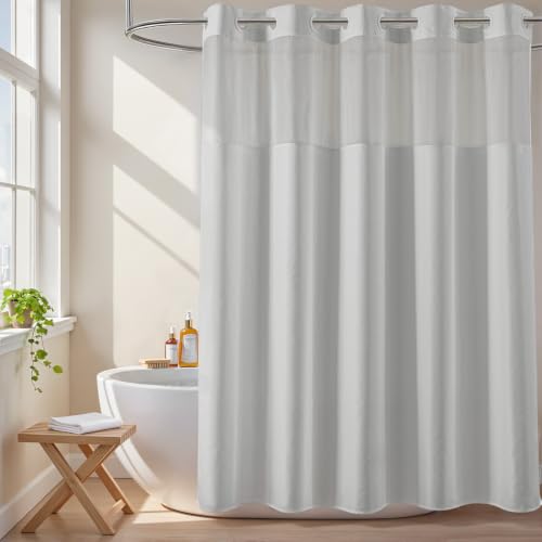 River Dream No Hook Fabric Shower Curtain with Sheer Window, Light Gray