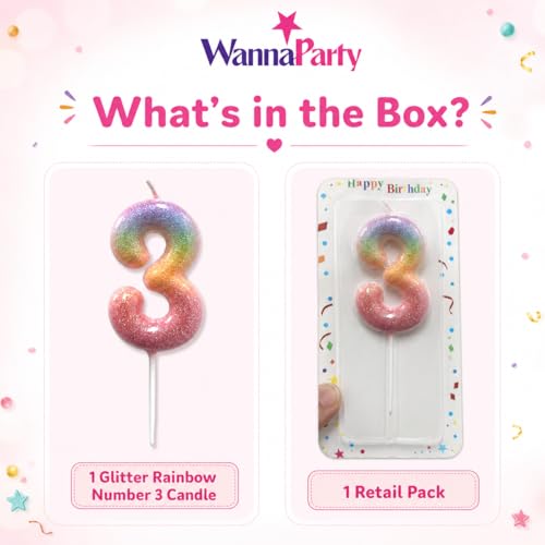 Image of Wanna Party Glitter Colorful 3rd Birthday Candle, Number 3 Cake Candle Cake Toppers for Girl Women, Glitter Colorful Themed Party Decorations Supplies Birthday Gifts