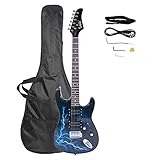 Bonnlo Full-Size Electric Guitar with H-H Pickups, Beginner Guitar Kit with Tremolo Arm, Cable, Picks, Bag, Strap, Cable, Lightning Blue