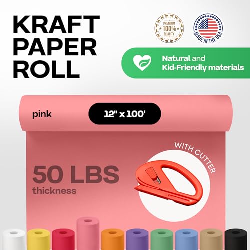 Image of Pink Kraft Paper Roll 12 inch x 1200 inch (100 feet) with Cutter - USA-Made Wrapping Paper for Packing, Moving, Shipping & Crafts /Arts - 100% Recyclable Natural Craft Material by IDL Packaging | Wrapping Paper for Packing, Moving, Shipping & Crafts /Arts - 100% Recyclable Natural Craft Material by IDL Packaging