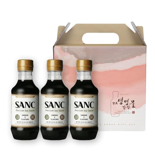 SANC All Purpose Korean Soy Sauce, 12.2 Fl Oz (Pack of 3) – Less-Sodium Salt Substitute, NON-GMO Bean, No Artificial Additives, Naturally Brewed Soy Sauce with Music Fermentation