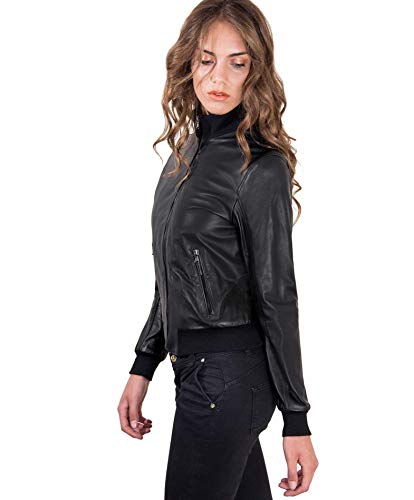 Bomber en cuir femme noir Made in Italy col élastiqué – vue 4