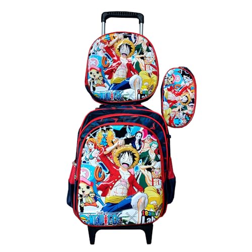 Kit Mochila Escolar com Rodinhas Infantil Personagem Anime em 3D + Lancheira Térmica + Estojo Menino em Alto Relevo