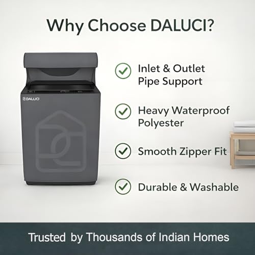 Image of DALUCI Top Load Fully Automatic Washing Machine Cover for 6 kg, 6.5 kg, 7kg & 7.5 kg | Waterproof & Dustproof Polyester Fabric with Zipper | Protective Cover for Washing Machine (Grey, 59X59X86 CM)