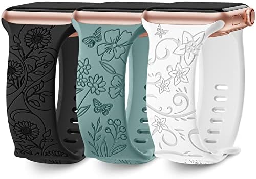 3 Pack Floral Engraved Bands Compatible with Apple Watch Band 40mm 41mm 38mm 42mm 44mm 45mm 49mm Women,Soft Silicone Cute Wildflowers Sport Laser Strap for iWatch Bands Series Ultra SE 8 6 5 4 3 2 1