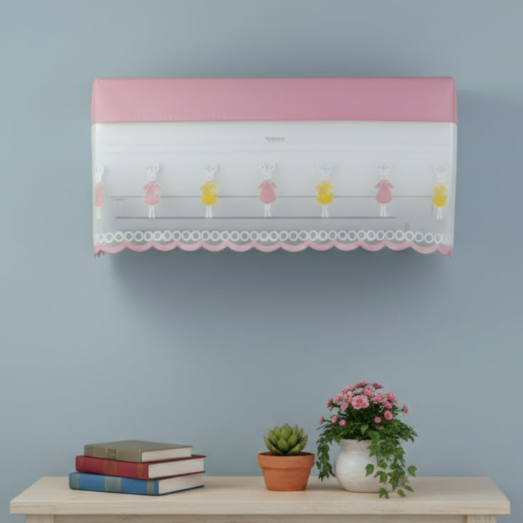 Image of Premium Cotton Net AC Cover for 1.5-2 Ton Split Air Conditioner | Dust Protection AC Indoor Unit Cover for Summer | Embroidered & Printed | Pack of 1 (Pink Bunny)