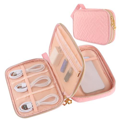 Electronics Organizer Travel Case, Charger Bag Cord Organizer Travel, Compact Tech Pouch Cable Organizer Bag for Charger, Cords, Phone, Headphones, Flash Drive, SD Card (Pink, Small-Double Layer)