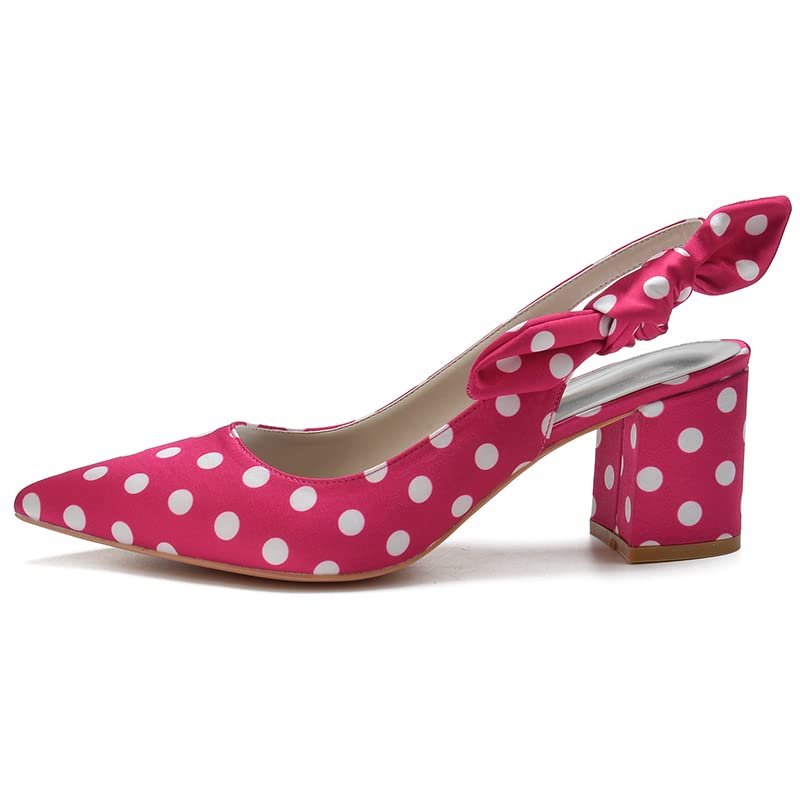 Women's Polka Dot Simulated Silk Chunky High Heels Sandals Comfy Pointed Toe Open Back Strappy Heeled 2.4"2