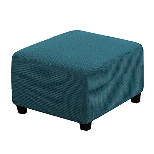Image of H.VERSAILTEX Square Ottoman Covers Ottoman Slipcovers Folding Storage Stool Furniture Protector Form Fit with Elastic Bottom, Stretch High Spandex Small Checks Jacquard Fabric(Medium,Deep Teal)