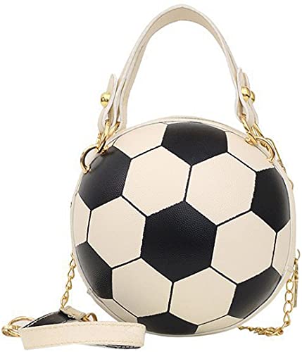QZUnique Soccer CrossBody Bag Round Handbag PU Leather Messenger Shoulder Bag Personality Purses for Women White and Black