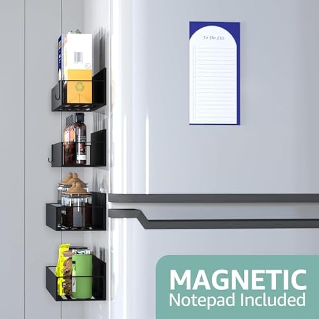 GD Metal Magnetic Spice Rack for Refrigerator ¨C 5 Pack Strong Magnet Organizer Shelves with Notepad ¨C Black Heavy-Duty Spice Storage for Kitchen, Pantry, Laundry, Apartment, RV