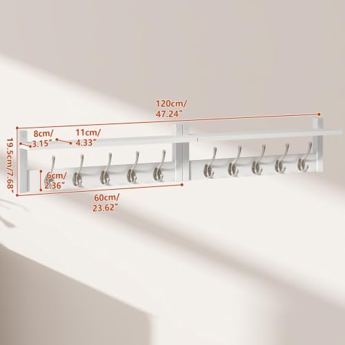 Miniatura 3 de Ymyny Juego De 2 Perchero De Pared Con Estante, Estantería De Pared Con 10 Ganchos, Estante Mural De Almacenamiento, 120 X 11 X 19.5 Cm, Pasillo, Entrada, Estilo Industrial, Blanco Hws004w-2
