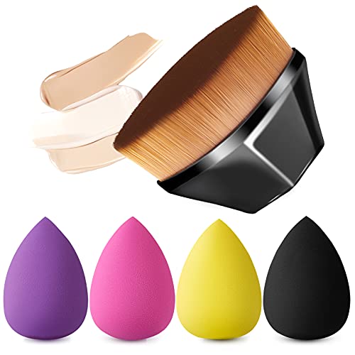 IYOCHO 4+1 pcs makeup sponges with contour kabuki brushes, beauty sponge blenders with 4 colors for liquid foundation, cream and powder (4 sponges+ 1 contour kabuki brush)