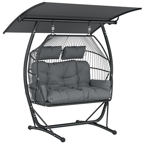Outsunny Double Hanging Egg Chair with Canopy, PE Rattan Garden Egg Swing Chair with Cushion, Armrests, Indoor Outdoor Hanging Hammock Swing Basket with Headrests, Stand for Patio Balcony, Dark Grey