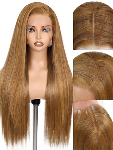 WIGNEE 13x6 Synthetische Spitze Frontperücke Vorgezogen Synthetische Klebefreie Gerade Perücke 28 Zoll Lose Spitze Frontperücke mit Futura Haar(Honey Blonde)