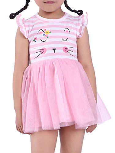 CuteMe Kids Girl Toddler Baby Girl Summer Casual Short Sleeve Cute Cat Tutu Dress (19104,Pink,120)