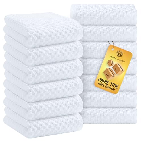 Super Absorbent Kitchen Towels 12 Pack - Premium 100% Cotton Kitchen Towels, 450GSM Thick Machine Washable White Dish Towels for Kitchen Drying, Cleaning, Dobby Weave, Unmatched Quality