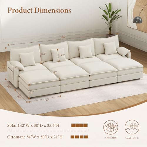 Image of Vesgantti 142 inch Oversized Sectional Sofa Bed, 8-Seater Modular Sleeper Cloud Couch with Movable Ottoman, Chenille Convertible Sofa Set Deep Seat Couches for Living Room, Bedroom and Apartment, White