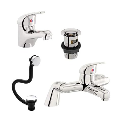 Deck Mounted Bathroom Basin Sink Mixer Tap Bath Filler Set Easy Clean Waste Pack Cover