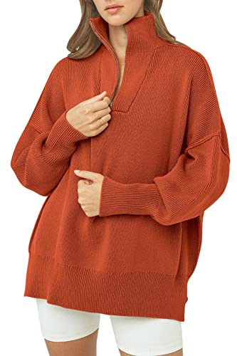 Prinbara Women's Half Zipper Long Sleeve Lapel Drop Shoulder Slouchy Oversized Sweatshirt Pullover Sweater Top By09-5Pa66-Shenxiuhong-Xl Rust #TOP14