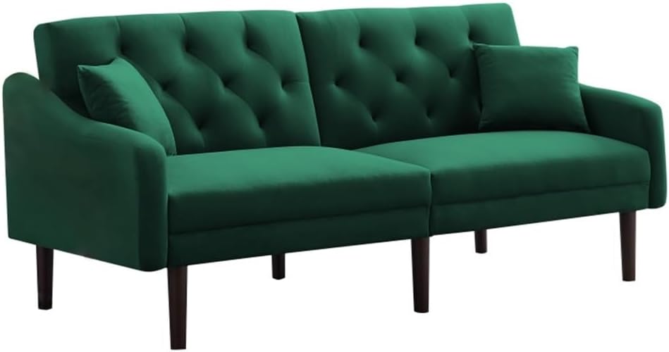 Armrest, Tufted Backrest and Tapered Solid Rubberwood Leg Sofa Bed, Green