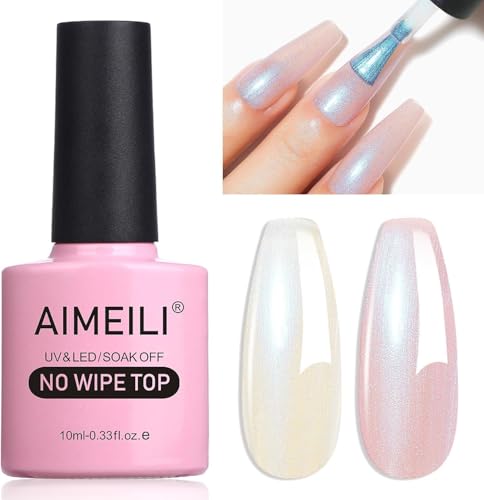AIMEILI Esmalte de gel 2 en 1 con purpurina perla, esmalte Aurora con capa superior brillante, no se limpia con LED UV, acabado cromado