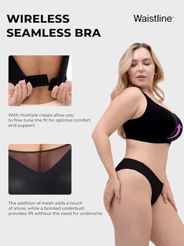 Women's Seamless Compression Bras - Wirefree Comfort Bra with Adjustable Straps - Sports Bra for Women No Underwire Black