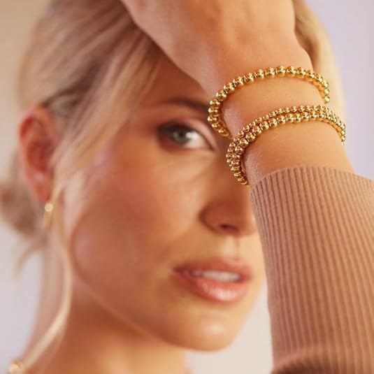 5pcs Christmas Gold Plate Bead Bracelet for Women 14K Gold Plated Bead Ball Bracelet Stretchable Elastic Hypoallergenic Bohemian Stackable Bracelet 4mm - Image 3