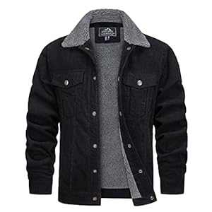 TACVASEN Herren Herbstjacke Cord Jacke Arbeitsjacke Teddyfutter Cargojacke Casual Jacket mit Fell, Schwarz, L