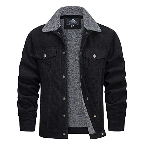 TACVASEN Herren Herbstjacke Cord Jacke Arbeitsjacke Teddyfutter Cargojacke Casual Jacket mit Fell, Schwarz, M