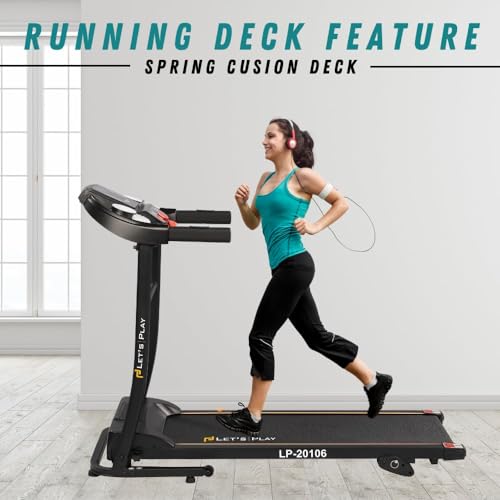 Image of LET'S PLAY 4HP Peak Motorized Treadmill for Home Gym Workout, Manual Incline Foldable Running Machine, 110Kg User Weight, Max Speed 12 km /hr, Bluetooth Speaker