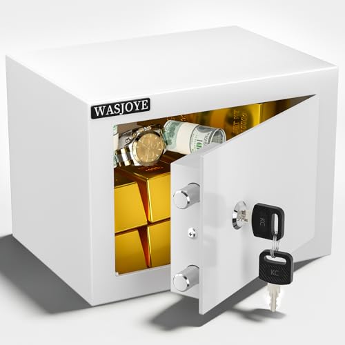 WASJOYE Caja Fuerte Pequeña   17 * 23 * 17cm Caja Fuerte Niños Caja Fuerte con llave Blanco Pequeña Caja Fuerte para el Hogar, Negocios, Oficinas, Dinero, Joyas, Pasaportes, 6.7L