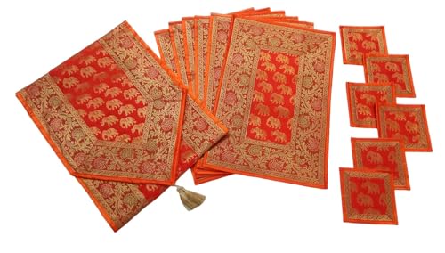 Image of Diwali Room Decor Silk Table Runner Placemats Tea Coaster Set for Living Room 4 to 6 Seater Dinning Table Table Mat Set Centre Table Top Decor Pack of 13 Pcs (Orange)