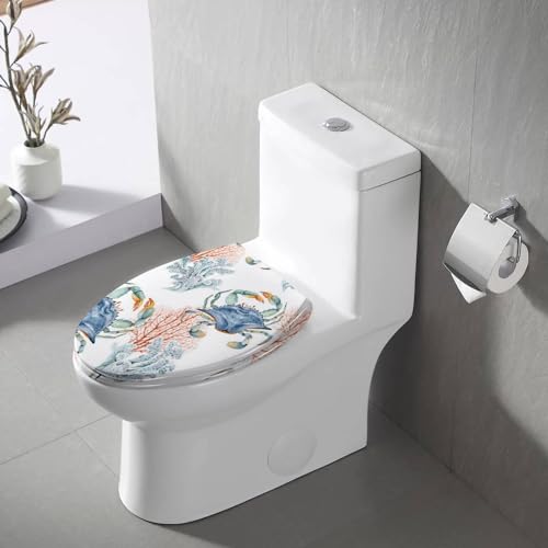 Elongated Toilet Seat sea blue crabs corals watercolor painted nautical style Resin Toilet Seat with Quietly Close Quick Release Hinges Decorative Toilet Seat with Cover Easy to Clean and Install - Image 2