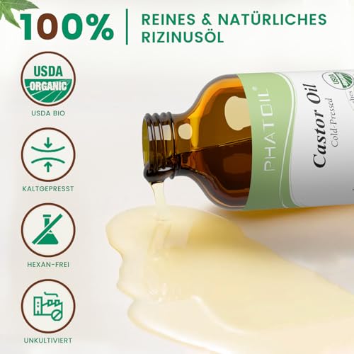 PHATOIL Rizinusöl Bio Kaltgepresst 236ML, Organic Castor Oil 100% Rein Natürlich, Rizinus Öl für Haaröl, Körperöl, Wimpern, Augenbrauen, Nägel, Bart, Rizinusöl Packung für Leberentgiftung